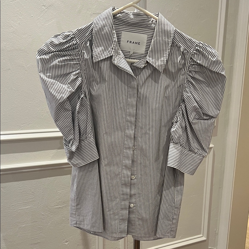 Frame Denim Black and White Striped Blouse